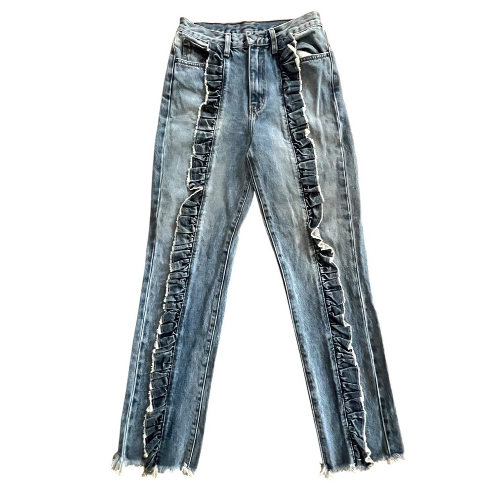 Carmar Denim Ruffle Side Seam Straight Jeans Raw Hem Ruffle Trim Western Boho